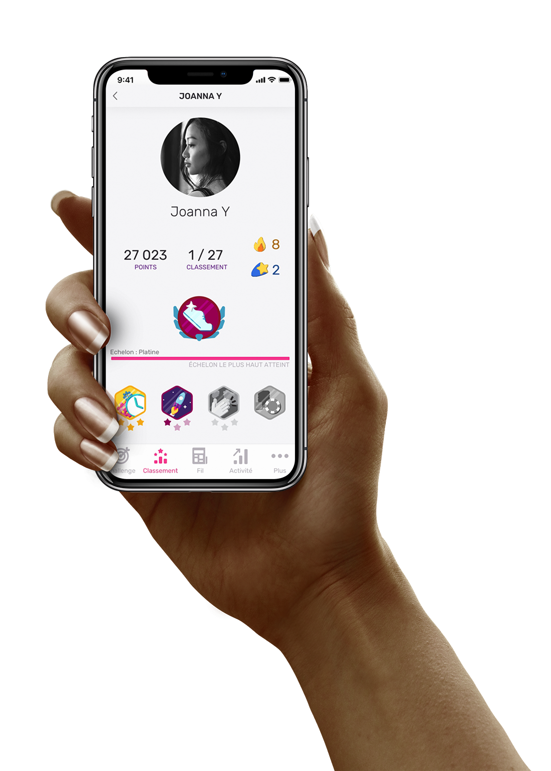 Hand holding phone with Ouimoveup app